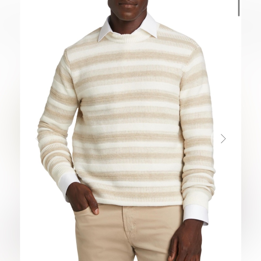 Saks Fifth Avenue Black Label Beige and White Crewneck Sweater made in Italy